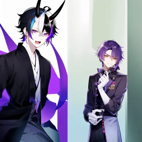 Anime boy with horns and black jacket and purple background, handsome japanese devil boy, Hajime Yatate, 2D anime style, trigger anime art style, inspired by Okumura Masanobu, Demon slayer art handsome man, demon slayer louis fan art, vampire, inspired by ...