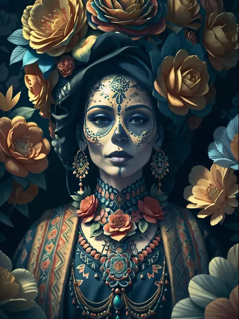 (Mejor calidad,4k,8k,high resolution,obra maestra:1.2),ultra detallado,(Realista,photoRealista,photo-Realista:1.37),dia de muertos,Ilustraciones abstractas vectoriales,skull,planta,flores,Pattern,ornamento,antecedentes,saludo,vistoso, vibrante,celebrativo,...