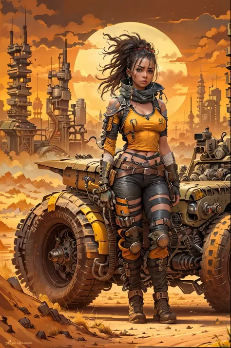 An all-powerful black Mad Max-style truck with torpedoes and turbine, behind a pilot with Mad Max-style clothes and on the other side a beautiful Mad Max-style warrior woman and in the background a city in the middle of the desert with buildings and constr...