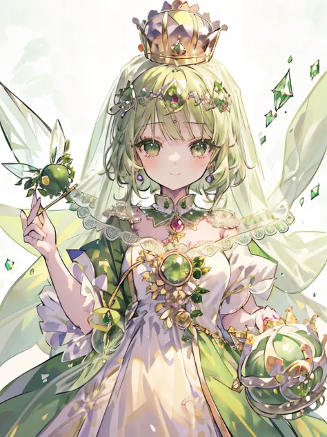 girl,((Fluffy blonde)),((short permed hair)),((1.2)),((A green veil on a jade crown:1.2)),((noble atmosphere)),nihilistic smile,cute,close up of face,(crown background:1.3),((green emperor:1.4)),((luxurious and gorgeous dress:1.2)),((Finely decorated cryst...