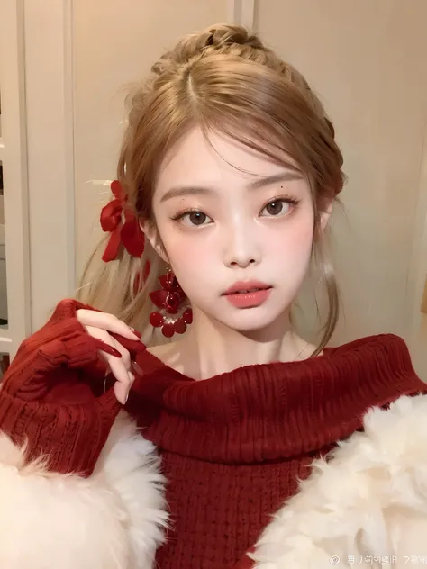 Araffe girl in a red sweater and a white fur coat., maquillaje popular de corea del sur, maquillaje coreano popular, ulzzang, pale korean adorable face, cara sexy con maquillaje completo, joven y adorable rostro coreano, muchacha coreana, sakimichan, hermo...