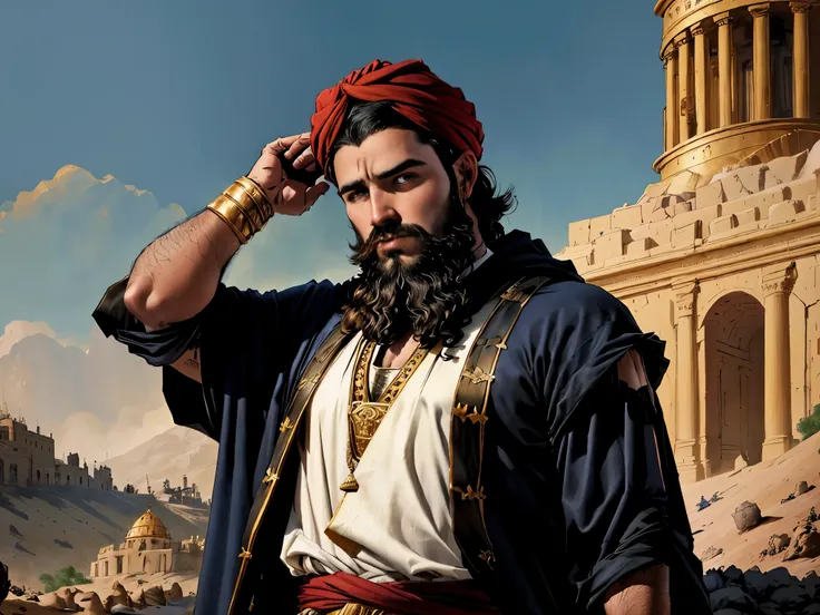 an adult man with a beard and black hair with his hand on his head. On his head there is a turban. In the background there is a servant. biblical costumes. biblical clothing. biblical style. Epic setting.