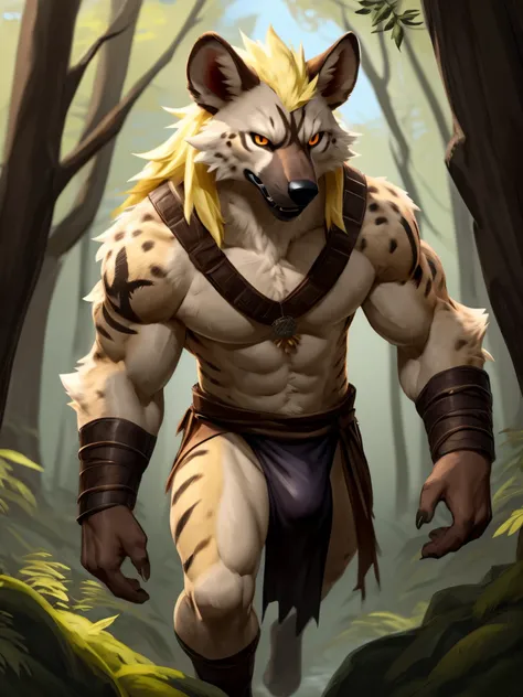 ((By Buta99, by Bebebebebe, best quality, masterpiece, perfect anatomy)), solo, 1male, Muscular body, serious, adult, Hyena, light yellow furs, light yellow long hair, a fang outside the mouth, middle yellow hair band in front of the face, tail, orange eye...