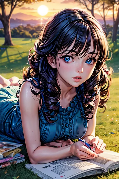 best quality,realistic anime,blue eyes,curly hair,detailed eyes,beautiful detailed lips,girl,reading a magazine,under the tree,sunset,lying upward on grass,very wide lens,ultra-detailed,photorealistic,ultra-fine painting,vivid colors,studio lighting,landsc...