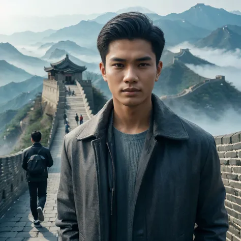 A realistic photograph of a handsome Indonesian young man with short, clean and neat hair wearing a cool long jacket and black shoes standing on the Great Wall of China that is realistic and sharp