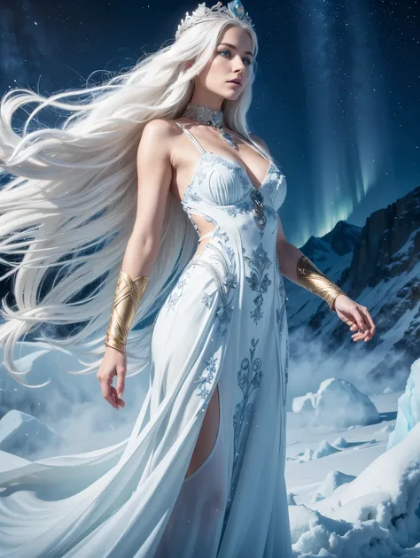 majestic and ethereal Nordic goddess with flowing golden hair and a crown of ice and snow, standing proudly on a mountaintop, surrounded by swirling winter winds and shimmering auroras. Her eyes are a piercing icy blue, reflecting her wisdom and power, whi...