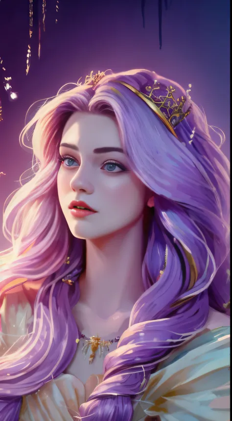 (((masterpiece))), best quality, illustration, 4K wallpaper, cinematic light, Absurdres, protrait of 1girl, long hair, purple crystal hair, glow hair, bloom hair, clothing princess, looking front