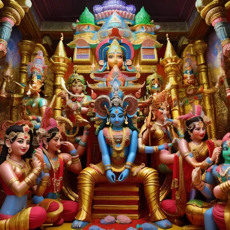 a close up of a statue of a group of people, from ramayan, hindu gods, hindu art, vishnu, hinduism, hindu god, indian god, trending ，, hindu aesthetic, cybertronic hindu temple, indian temple, inspired by Ram Chandra Shukla, hindu kovil scene, attractive m...