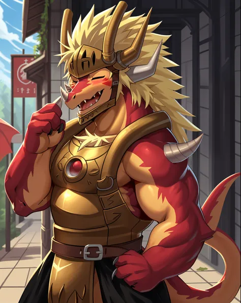 drum bunker dragon, helmet, anthro, dragon, male, armor, solo, horn, claws, scalie, blonde hair, muscular,
bust portrait, one ey...