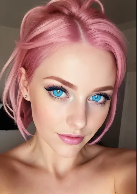 a selfie of a pretty 22 year female with bright pink hair and blue eyes , taken with iphone camera