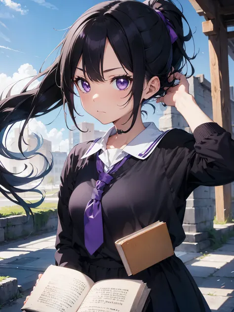 , black hair、ponytail, purple eyes, blue school uniform, frown, read ancient texts、Book, masterpiece, high quality