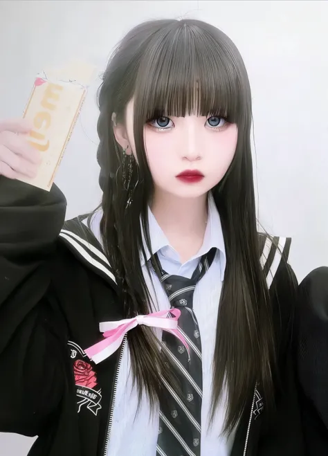 A girl with long hair and a tie has money, with long black hair, with straight black hair, anime girl cosplay, with long black hair, 1 7 - year old anime goth girl, Ulzzang, she has black hair with bangs, Black-haired Sui Ishida, beautiful anime high schoo...