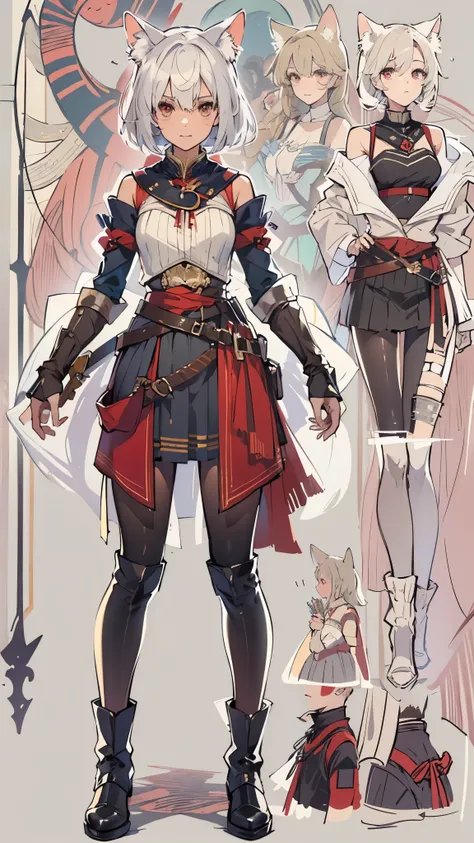 character design sheet, medieval tall female archer, leather heel boots, exposed belly, leggings, skirt, with short black hair and red eyes, cat ears