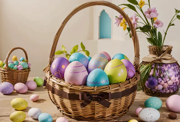 happy easter, feriado, easter, easter bunny, easter eggs, easter eggs inside straw basket, decorated easter eggs, chocolate easter eggs, illustration, 8k, colorida, detalhe, Pintura