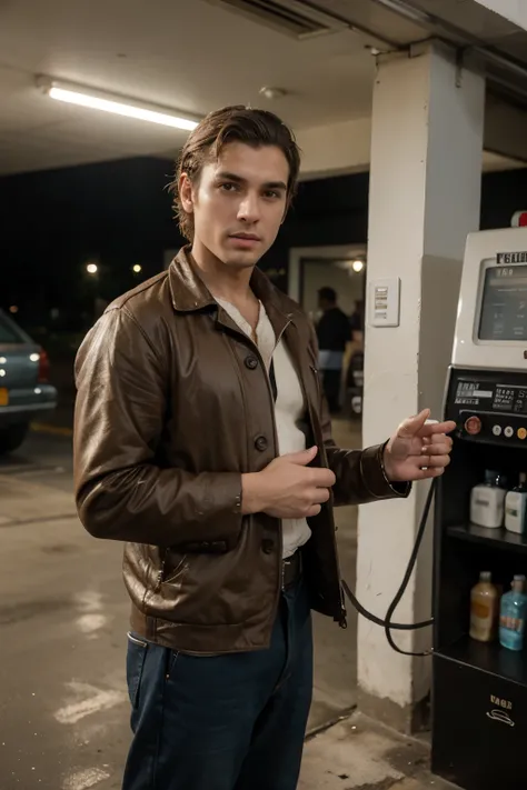 Frentista de posto de gasolina dos anos 60 
Alto, cabelo curto, handsome and dressed in period clothes And speaking saying “we will open on the 15th/02”