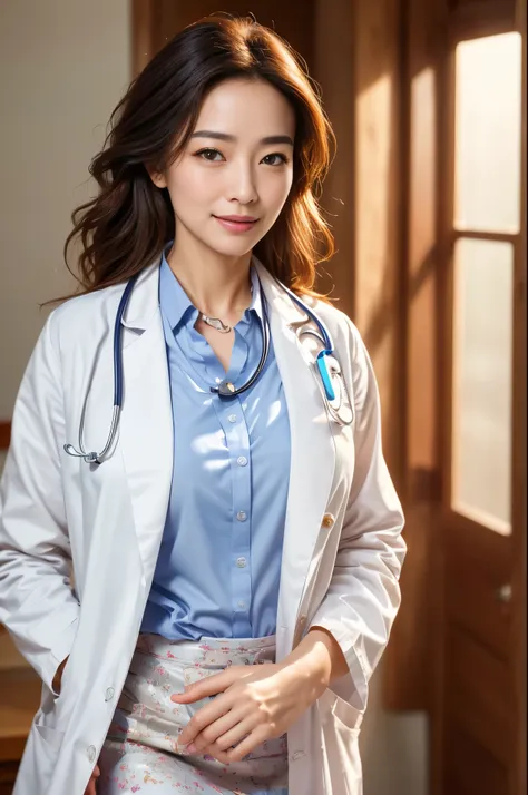 (sfw:1.3)、Photorealistic beautiful doctor、1 female、masterpiece、doctors white coat, collared shirt、(highest quality、8K、32K、masterpiece、sfw:1.3)、(Photoreal:1.3)、Raw photo, detailed face,,beautiful hair,skin that looks real、 ((Doctor Style)), Hidden big、big b...