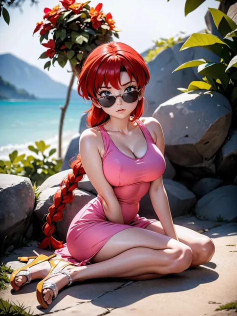 Garota anime ruiva com vestido longo pink, with sunglasses, Ray-Ban Sunglasses, 16 anos, corpo bonito, seios grandes, with hands behind head, running your hands through your hair, Garota sexy, red hair with braid , gorgeous lighting, sombras suaves, olhos ...