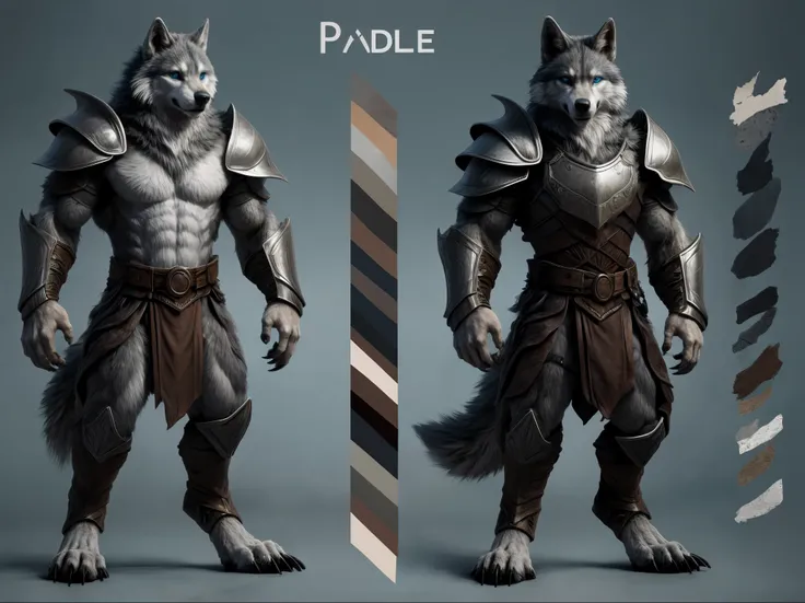 (character_design), concept art, model sheet, anthro, canid, mammal, canine, solo, armor, male, wolf, fur, claws, canis, hi res, standing, fingers, blue eyes, muscular anthro, muscular, were, clothing, muscular male, werecanid, 5 fingers, white body, digit...