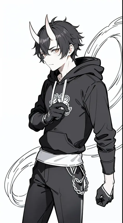 (1oni boy,20s,mature male),solo,black hair,oni horns,serious,((black sweatshirt,black pants,black gloves,hooded))),cowboy shot,(...