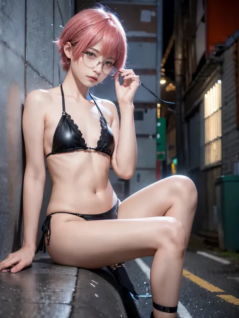 raw photo, 8k, (top-quality), Realistic, (real picture, Intricate details), (natural skin texture, detailed skin, hyper realism), (((flat chest:1.5))), (Japanese teenage girl  sitting in a dirty back alley at night, graffitied wall:1.3, erotic posing), ((b...