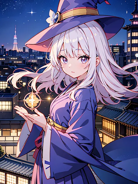 magician girl、She wears a large witch&#39;s hat with sapphire accessories、I am wearing a prefectural high school uniform.、I have white hair、Japan anime-style illustration、Looks like it was drawn by a Japanese illustrator、I&#39;m on a rooftop in Tokyo late ...