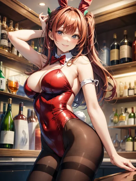 highest quality、complete limbs、full finger、a beautiful human woman、(red hair woman:1.3)、medium hair woman、ponytail、big breasted woman、bare hands、bunny girl costume、(Woman in red bunny girl leotard:1.3)、(woman wearing brown pantyhose:1.3)、Red bow tie、Red Bu...