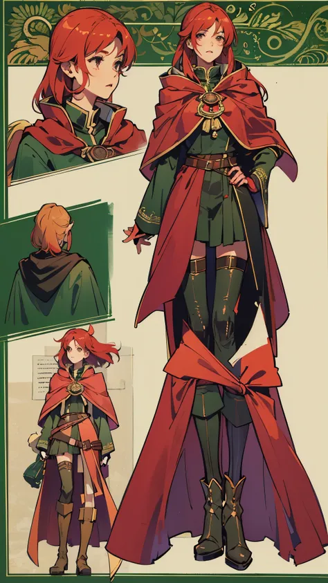 character design sheet, medieval tall female wizard, leather heel boots, red clothes, with red hair and black eyes, red cape