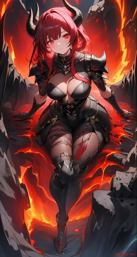 ((best quality)), ((masterpiece)), (detailed), perfect face, 1girl, solo, black and red armour, horns, ashes, molten lava, fire breath, large breasts, black legwear, ultra detailed, highest resolution, best quality, gorgeous lady