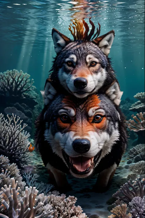 Create an image of a wolf with the colors of a clownfish, swimming gracefully in the clear waters of a coral reef, in a centralized and imposing position.