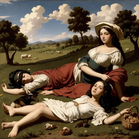 a shepherd is lying on the lawn, young peasant women are dancing around, bartolomeo esteban murillo