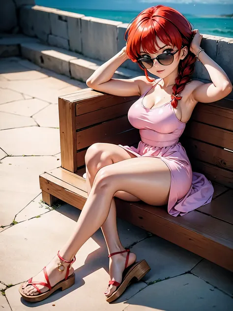 garota anime ruiva com vestido longo pink, with sunglasses, ray-ban sunglasses, 16 anos, corpo bonito, seios grandes, with hands...