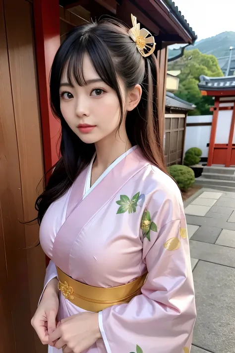 （super highest quality、In 8K、Masseter muscle part、delicate illustrations）、she is a very beautiful japanese housewife.（Around 30 years old）、Odango hairstyle（with hair ornament）、perfect body shape、（Japanese luxury kimono 1.1）、Outside the shrine of Japan、