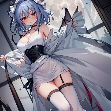 Remilia toho character, (solo), (standing on deck of mansion:1.1), a full moon, BREAK, collarbone, very perky large breasts, (emphasize cleavage), (inconceivably thin waist:1.2), (very short thin torso:1.2), very long (thin legs), emphasize thigh gap, BREA...