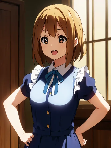 1girl, (((​masterpiece))), top-quality, top-quality, High Details, hirasawa yui, 1girl, Sakuragaoka High School Uniform, student clothes, maid cafe uniform, two-yellow hairpin, short hair, A brown-haired, brown-eyed, 独奏, reddish, thin blue ribbon, Solid wh...