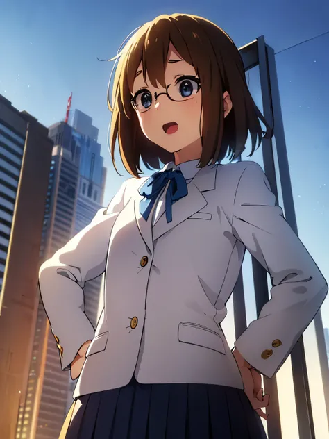 1girl, (((​masterpiece))), top-quality, top-quality, High Details, Hirasawa Yui, 1girl, Sakuragaoka High School Uniform, student clothes, two yellow hairpin, short hair, A brown-haired, brown-eyed, glasses, 独奏, reddish, Dark blue blazer with thin blue ribb...