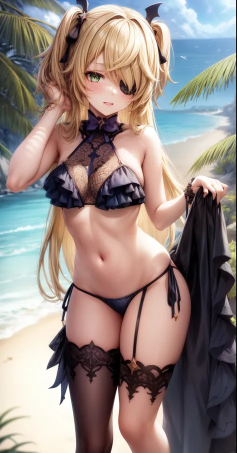 anime, beautiful face, highly detailed face, (2 accurate legs:1.0), green detailed eyes, highly detailed beach background, perfect lighting, best lighting, hair ornament, 1girl, solo, fischl, genshin impact, outdoors, on the beach, (beautiful blonde hair:1...