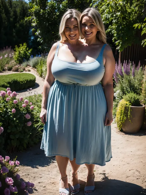 2heads, two headed mom, Swedish, age 34, curvy, outside in her garden, casual dress, pretty, enjoying midday sun,