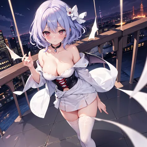 Remilia toho character, (solo:1.2), (standing on deck of mansion:1.1), a full moon, midnight, BREAK, collarbone, very perky large breasts, (emphasize cleavage), (inconceivably thin waist:1.2), (very short thin torso:1.2), very long (thin legs), emphasize t...