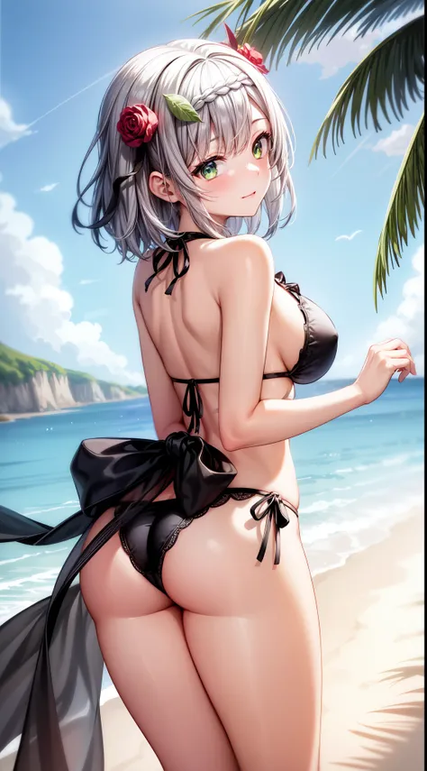 anime, beautiful face, highly detailed face, (2 accurate legs:1), green detailed eyes, highly detailed beach background, perfect lighting, best lighting, (no shadows:1.2), 1girl, solo, outdoors, genshin impact, hair ornament, noelle, (beautiful sliver hair...