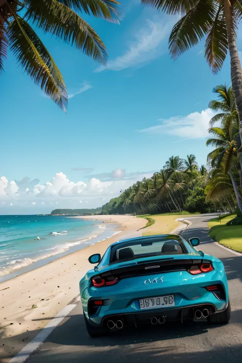 a sports car driving towards the horizon with a tropical landscape, 3D style rendering, alta qualidade, ultra-detalhado, realista, cores vibrantes, studio lighting, lush vegetation, Palmeiras, clear blue sky, ondas do oceano cintilantes, praia arenosa, ref...