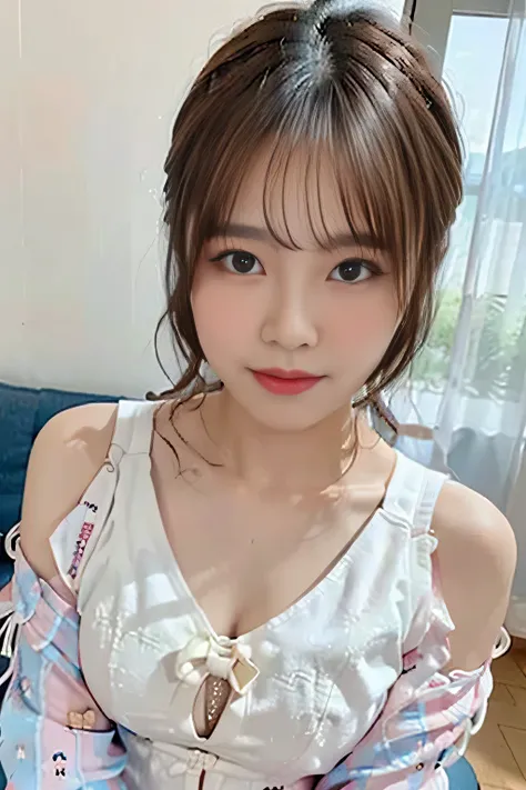 Romantic Lace Off Shoulder Dress,(Short hair with shiny silver and orange inner color,Ponytail twisted buns decorated with elaborate braids and beads,Braided setup fishbone hair,),(The bangs are see-through bangs),(((emphasize the chest:1.3))),(dynamic ang...