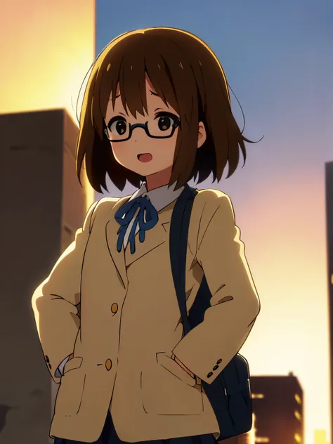 1girl, (((​masterpiece))), top-quality, top-quality, High Details, Hirasawa Yui, 1girl, Sakuragaoka High School Uniform, student clothes, two yellow hairpin, short hair, A brown-haired, brown-eyed, glasses, 独奏, reddish, Dark blue blazer with thin blue ribb...