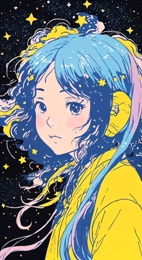 a close up of a person with a long hair and a yellow shirt, anime girl with cosmic hair, lofi girl, girl in space, cosmic girl, lofi artstyle, lofi art, her hair is the milky way, dreamy illustration, lofi girl aesthetic, dreamy psychedelic anime, lo-fi il...