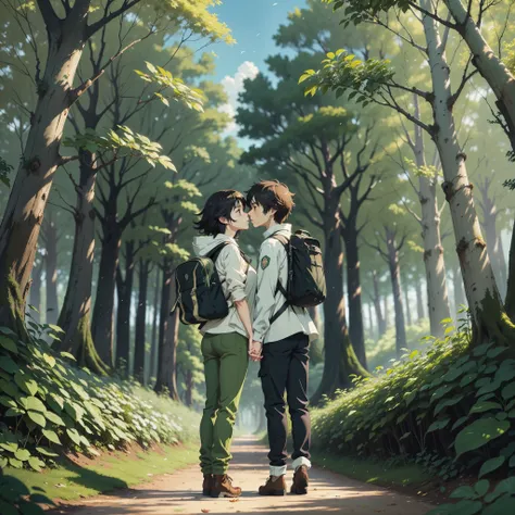 anime, garota, Floresta, mochila,From afar a girl kissing a boy in a white shirt and green pants in the forest with dried leaves on the ground and some rabbits, beijo apaixonado distante, se beijando ao longe ( ( Makoto Shinkai ) ), Makoto Shinkai Cirilo R...