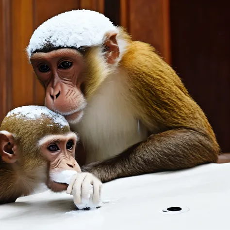 monkey sniffing white powder on a coffee table. em sala grande.