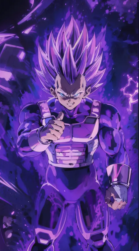 Evil smile , making Vegeta , purple aura , 8k quality, Angry Vegeta , Vegeta , big and strong muscles, earth in one hand, 