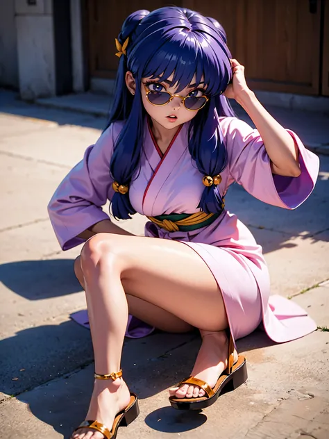 garota anime cabelo purple com kimono pink sexy, with sunglasses, ray-ban sunglasses, 16 anos, corpo bonito, seios grandes, with...