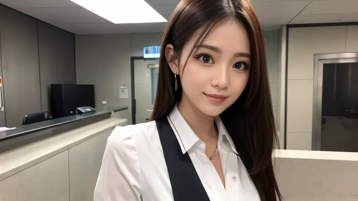 a cute office lady of receptionist standing in front of elevator hall.