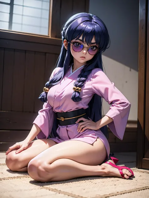 garota anime cabelo purple com kimono pink sexy, with sunglasses, ray-ban sunglasses, 16 anos, corpo bonito, seios grandes, with...