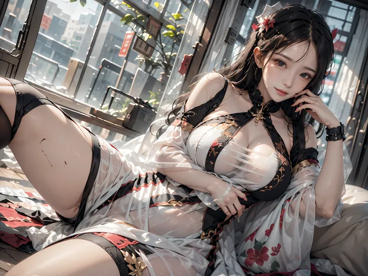 (8k, quality, masterpiece: 1.2), (actual, realistically: 1.5), 1 girl, cute big breasts, sitting, External, (Smile: 1.15), massive shutdown), 美丽delicate eyes, (translucent dress: 1.3), Highlight the buttocks, full body lesbian, (最高quality)), (Super detaile...